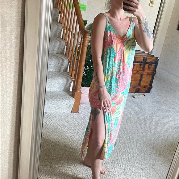 Kenny Flowers Beach Resort Tropical Print Maxi Slip Dress in Pink, Teal & Yellow - Picture 3 of 16